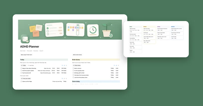 The ADHD Planner main page with Today and the brain dump, next to the routines board