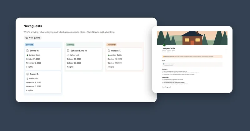 Next guests from Booked to Turnover in the Airbnb Host Planner, next to the Juniper Cabin welcome book