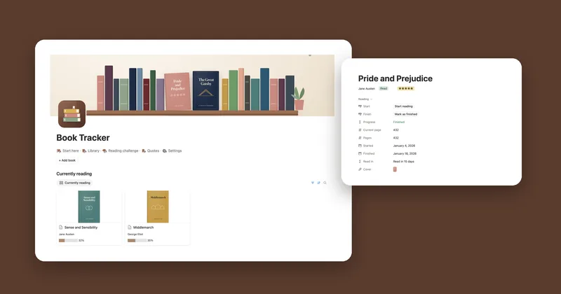 The Book Tracker main page with Currently reading next to a book page for Pride and Prejudice