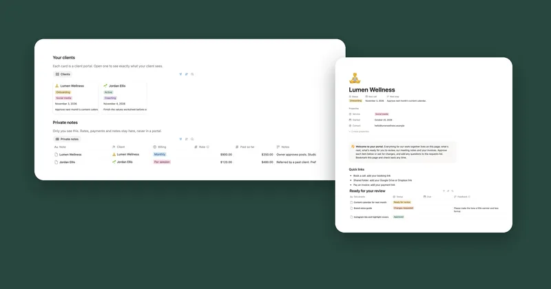 Your clients and Private notes in the Client Portal template, next to the Lumen Wellness portal