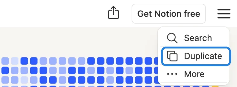 The top right of a public Notion page on an iPad, with the menu open and Duplicate ringed
