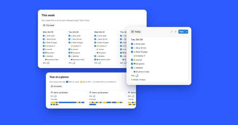 This week, Today and Year at a glance views of the Notion habit tracker template for 2027