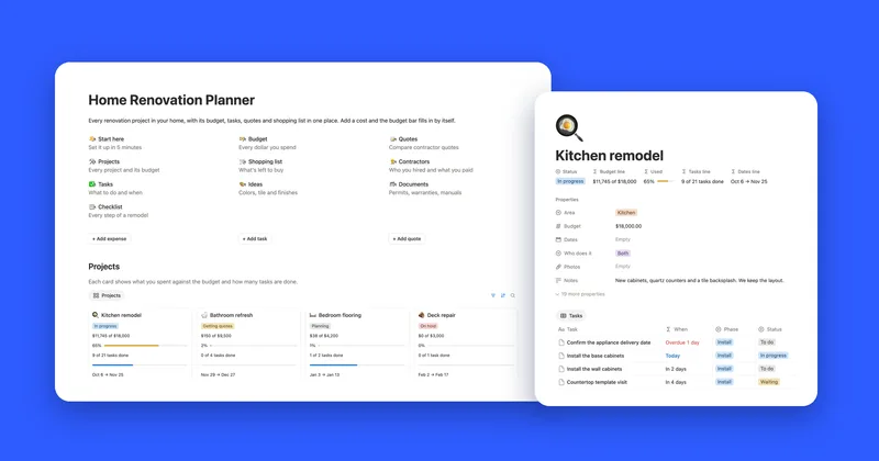 The Home Renovation Planner main page next to the Kitchen remodel page with its budget line and tasks