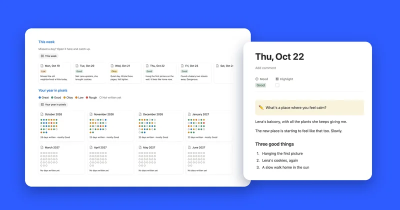 Today’s page with its question and the year in pixels month cards in the Notion journal template for 2027
