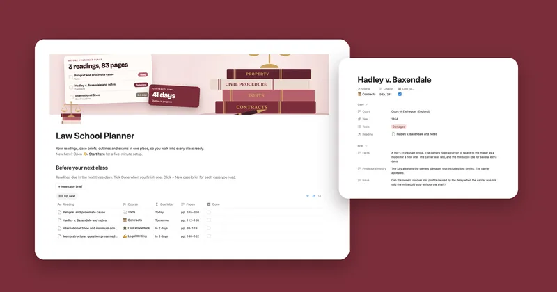 The Law School Planner main page next to a case brief for Hadley v. Baxendale