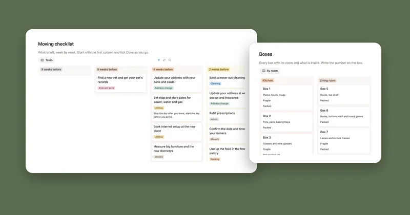 The Moving Planner checklist board by week next to the boxes board by room