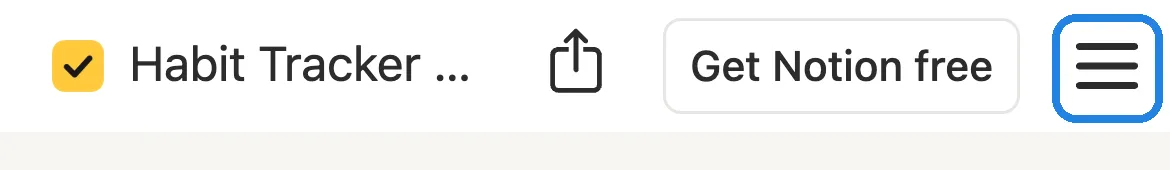 The top bar of a public Notion page on an iPhone, with the three-line menu button ringed