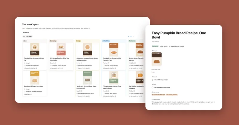 The Pinterest Planner board of this week’s pins next to the Easy Pumpkin Bread Recipe pin page
