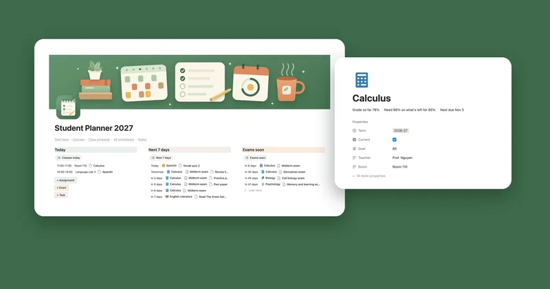 The Student Planner main page with Today, Next 7 days and Exams soon, next to the Calculus course page