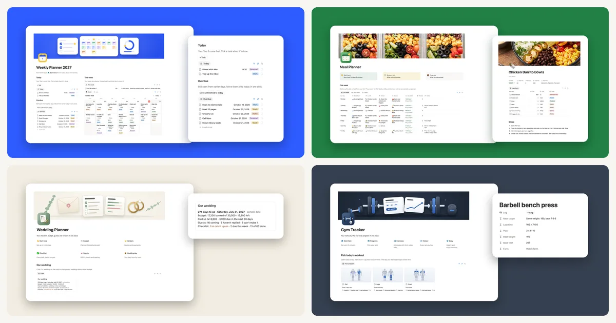 Real screens from four Magnet Creative templates: Weekly Planner 2027, Meal Planner, Wedding Planner and Gym Tracker