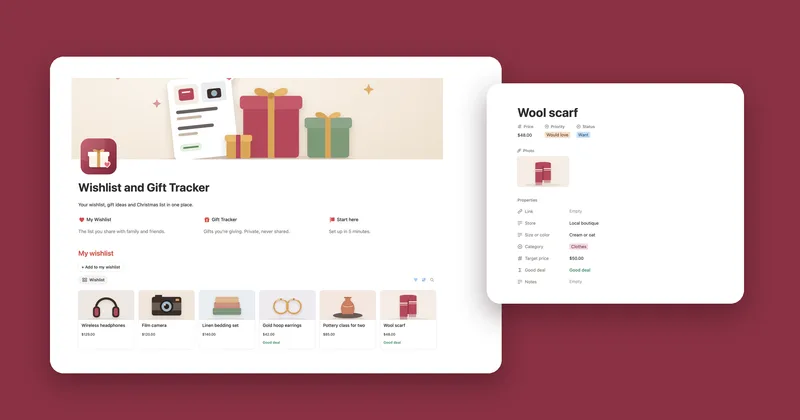 The Wishlist and Gift Tracker main page with photo cards, next to the Wool scarf page marked Good deal