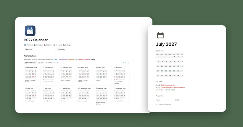 The 2027 Calendar year view with colored days next to the July 2027 month page